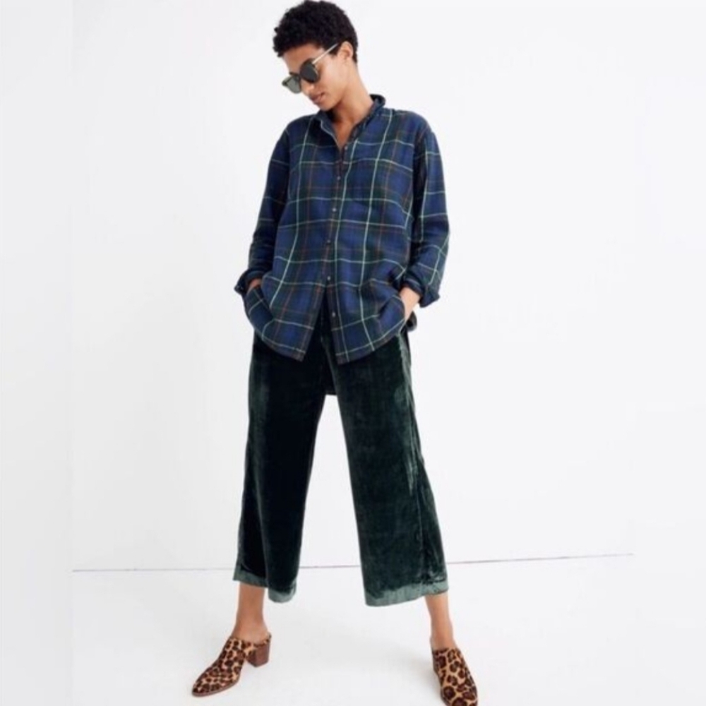 Madewell Houston Hunter Green Crushed Velvet Wide Leg Cropped Pants Size Large